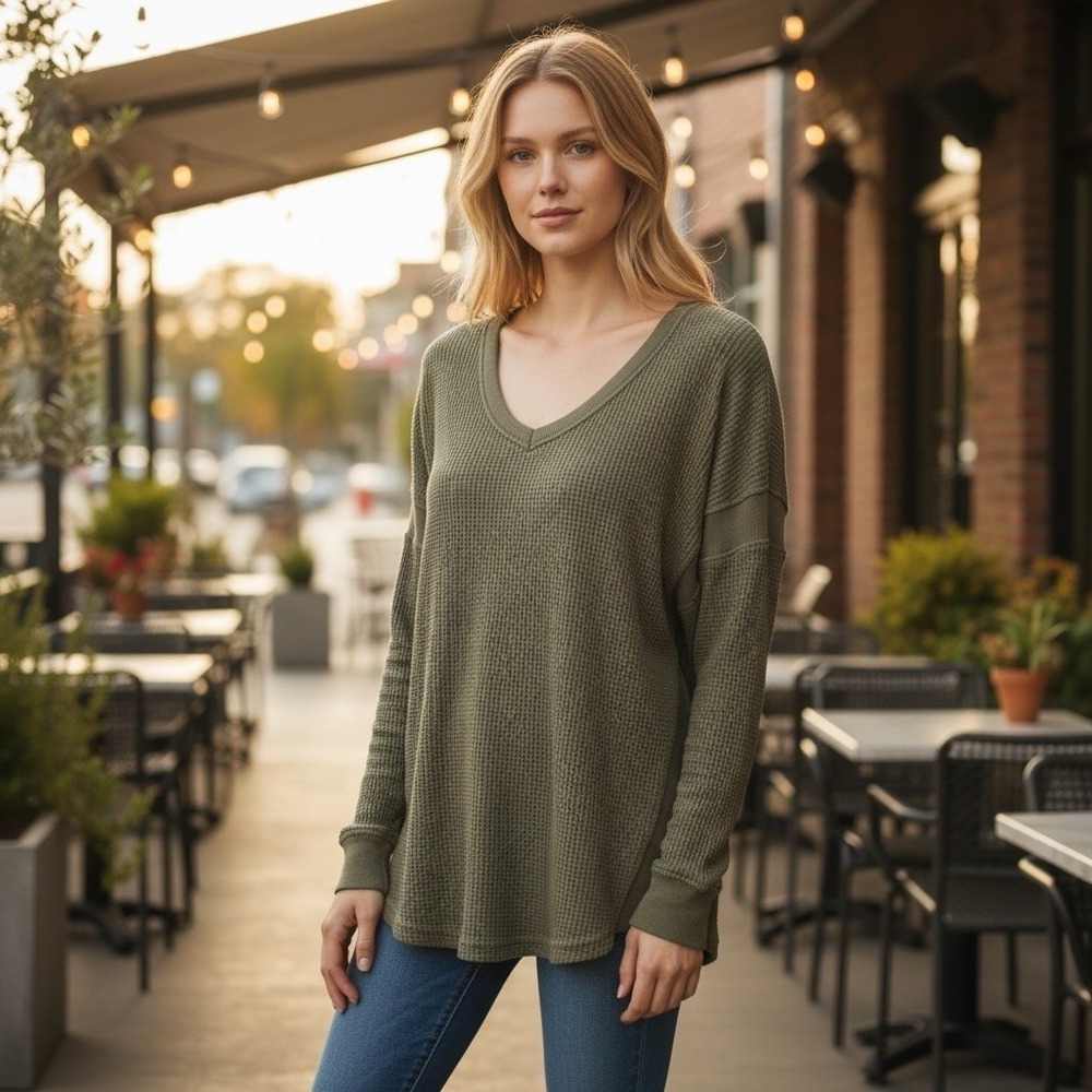 C&C‎ California Women's L Thermal Waffle LS T-Shirt Sage Green EUC